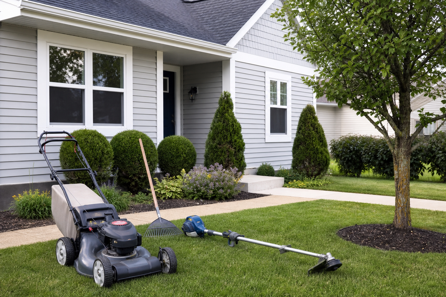 Maintained Ohio rental home exterior with landscaping tools